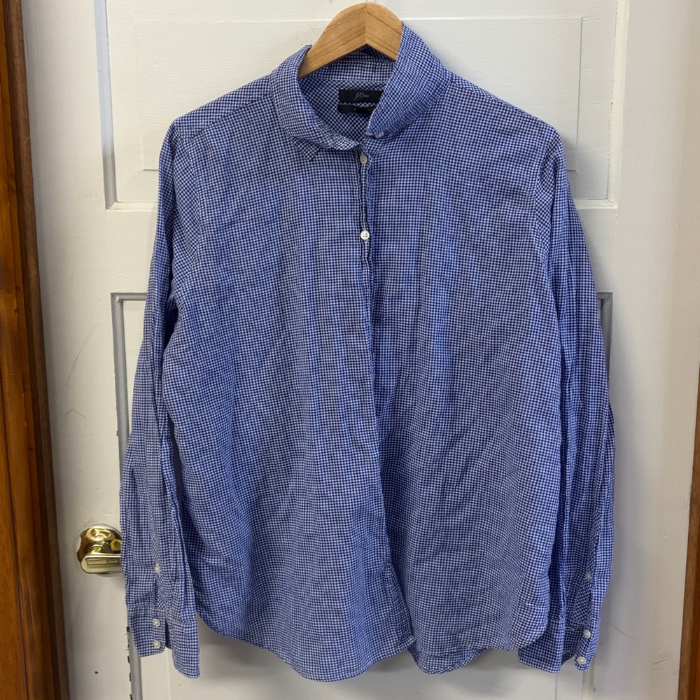 J. Crew women size 18 long sleeve button up classic fit boy shirt blue gingham